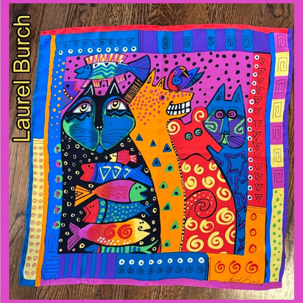 LAUREL BURCH Vintage Colorful Cat Print Eclectic Scarf Pattern - Multi Color